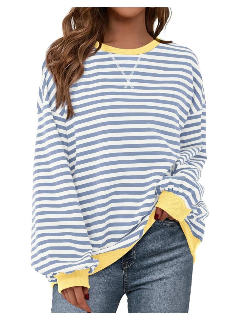Women's Oversized Striped Crewneck Sweatshirt Long Sleeve Pullover